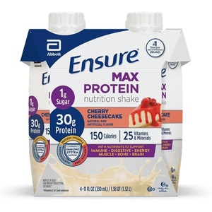 image:imageEnsure Max Protein Shake  Cherry Cheesecake  Ready to Drink  30g Protein for Muscle Health  1g Sugar 4g Fiber  11 fl oz 4 PackCherry Cheesecake