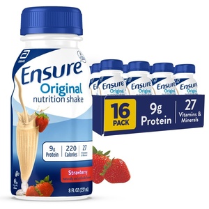 image:imageEnsure Original Strawberry Nutrition Shake  Small Meal Replacement Shake  Ready To Drink  9g Protein 27 Vitamins and Minerals  8 fl oz  16 PackStrawberry